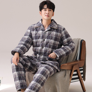 保暖梭织夹棉男款睡衣家居服纯棉三层加绒棉袄珊瑚绒冬天加厚大码