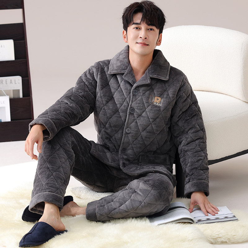 睡衣男款秋冬季三层夹棉加厚加绒冬天开衫珊瑚绒家居服可出门外穿