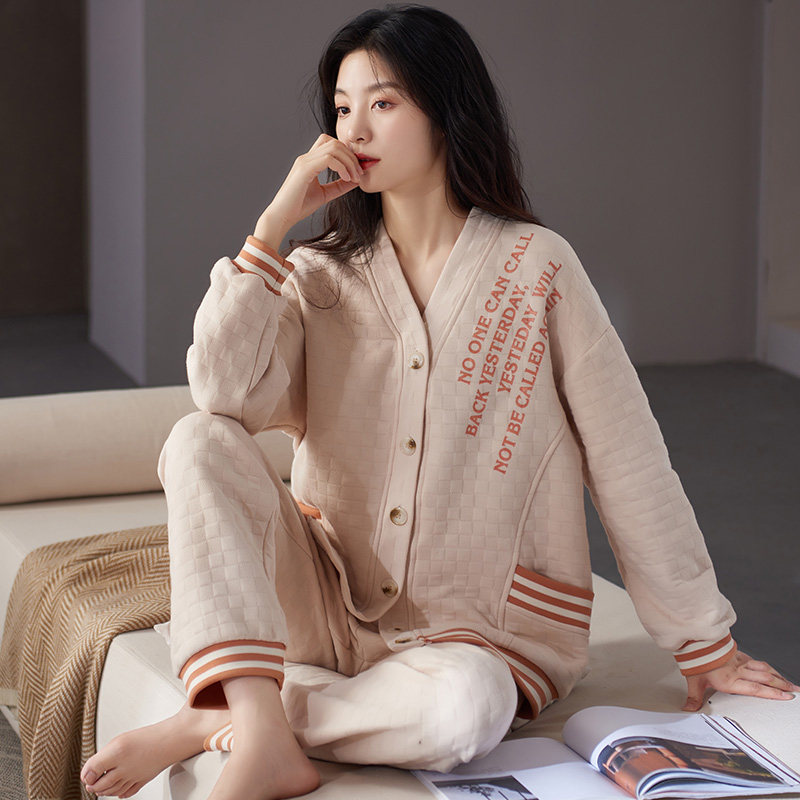 睡衣女开衫春秋款加厚纯棉夹层长袖女款秋季薄款空气棉冬季家居服
