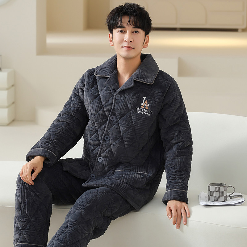 珊瑚绒睡衣秋冬季三层夹棉袄男款加大码加绒加厚冬款法兰绒家居服