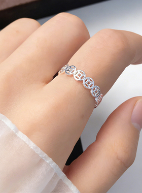 钛钢戒指不掉色铜钱八方来财指戒