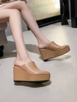 Fashionable four-season cowhide slippers, high heels, thick heels, muffin, thick soles, pointed toe caps, women's sandals, Muller commuting waterproof surface thumbnail 7