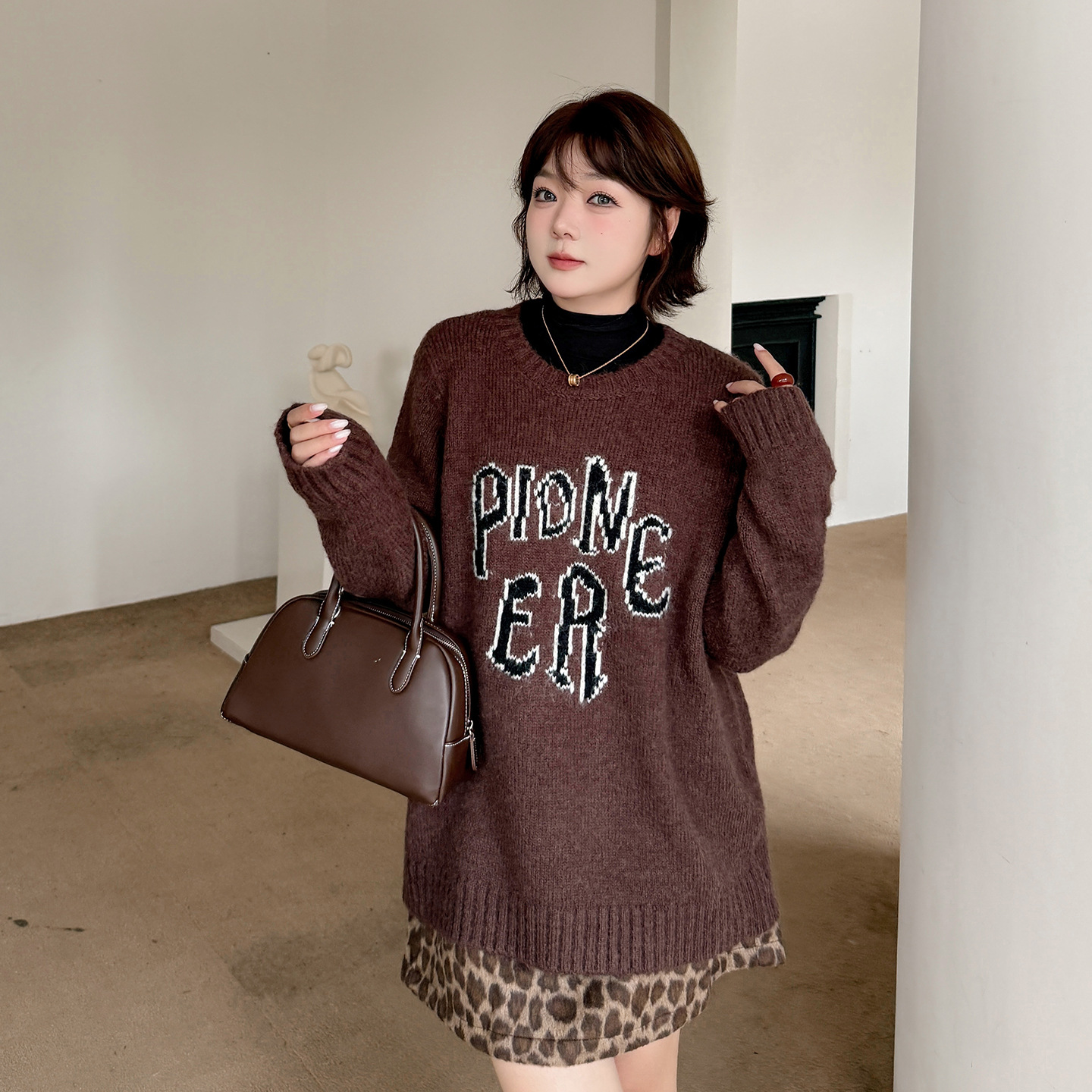 大码女装2025冬季新款豹纹套装
