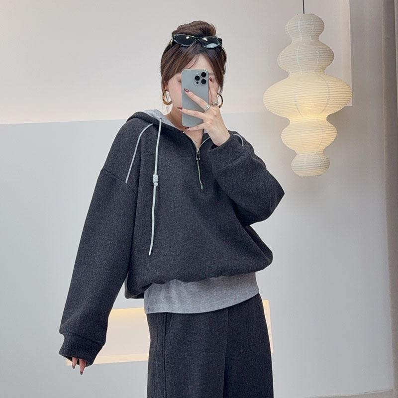 大码女装假两件卫衣阔腿裤套装