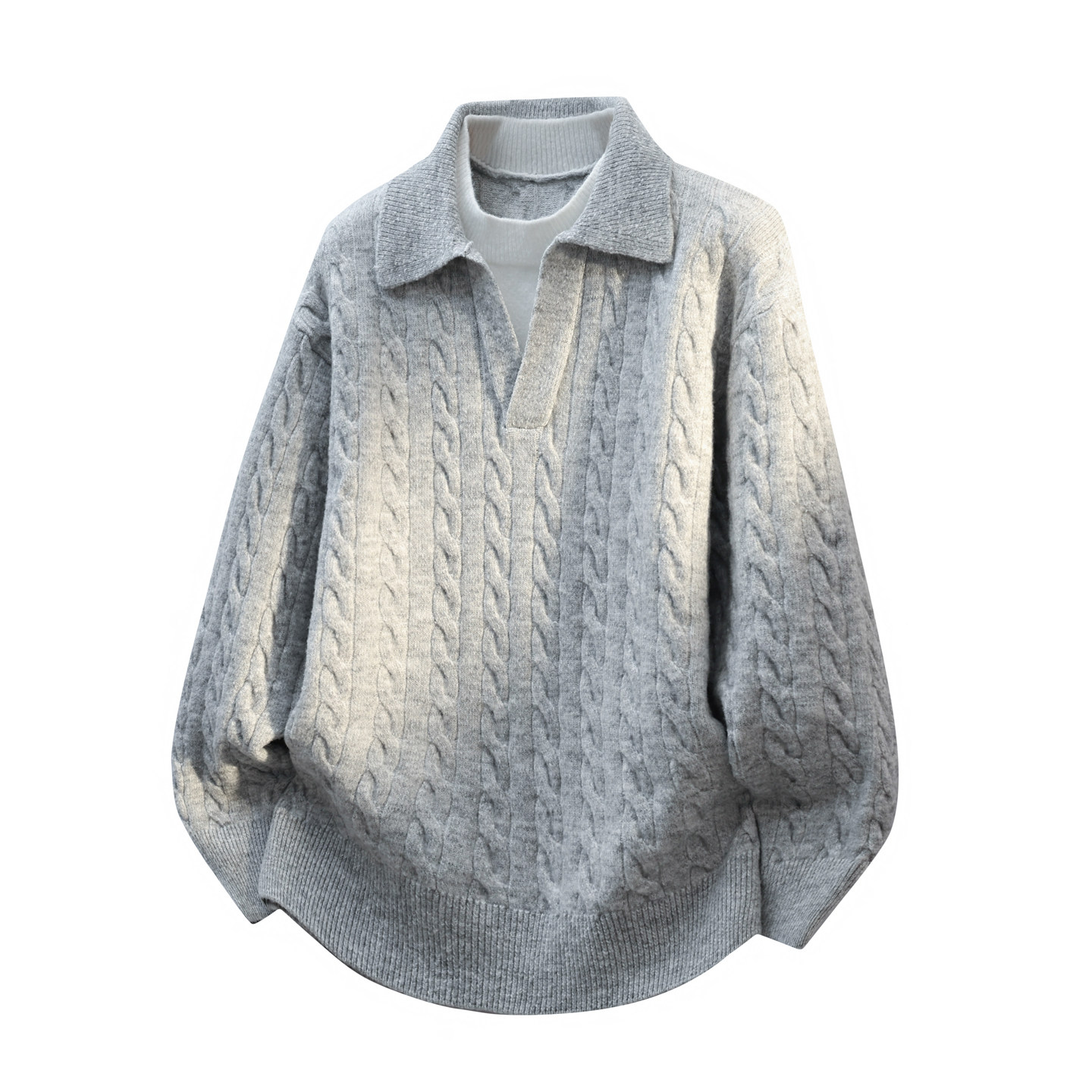 春秋青春活力复古风翻领绞花针织衫男士宽松慵懒风毛衣灰色套头衫