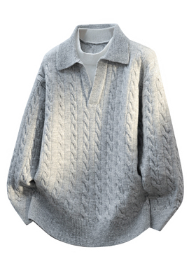 春秋青春活力复古风翻领绞花针织衫男士宽松慵懒风毛衣灰色套头衫