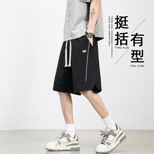 夏季百搭休闲时尚短裤透气健身复古运动风宽松大码抽绳五分裤男