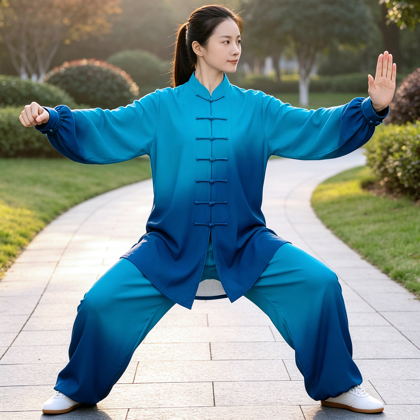 恋太极新款蓝色渐变太极服女春秋双丝麻武术晨练服男表演练功服