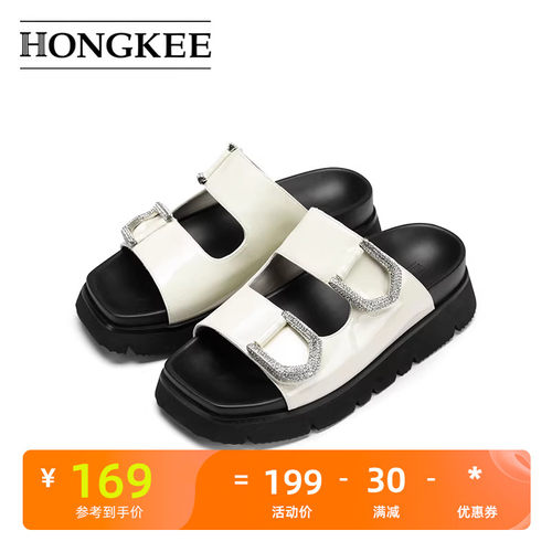 Hongkee/红科凉拖鞋女夏外穿2024新款牛皮厚底时尚凉鞋HD14D201