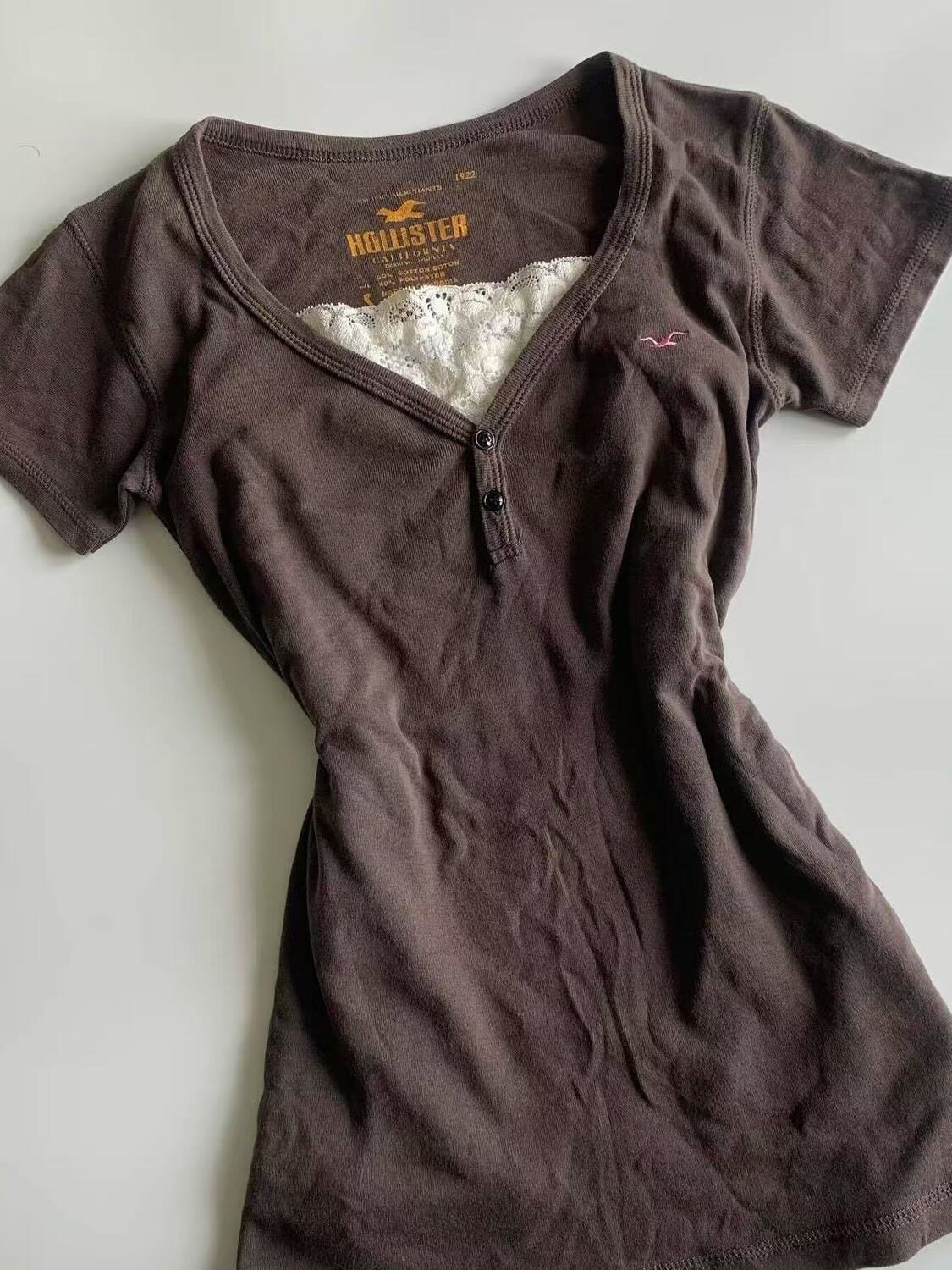 Y2K V-Neck T-Shirt Fake Two-Piece Retro Top - Taobao product photo 2