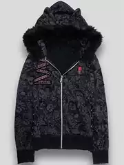 Subculture Gothic Rock Punk Y2K Millennium Shibuya Hottie Cat Ears Skull Fur Collar Hooded Sweatshirt Jacket