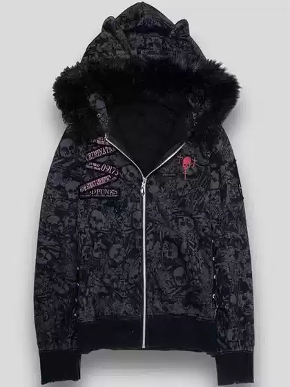 Subculture Gothic Rock Punk Y2K Millennium Shibuya Hottie Cat Ears Skull Fur Collar Hooded Sweatshirt Jacket