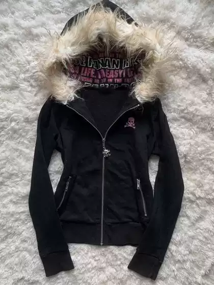 Subculture Y2K Millennial Hot Girl Japanese Style Black Letter Print Furry Hooded Sweatshirt Women's Autumn and Winter Zipper Jacket