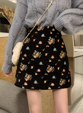 黑色大码胖mm通勤风碎花A字半身裙女高腰显瘦提花短裙25秋冬新款