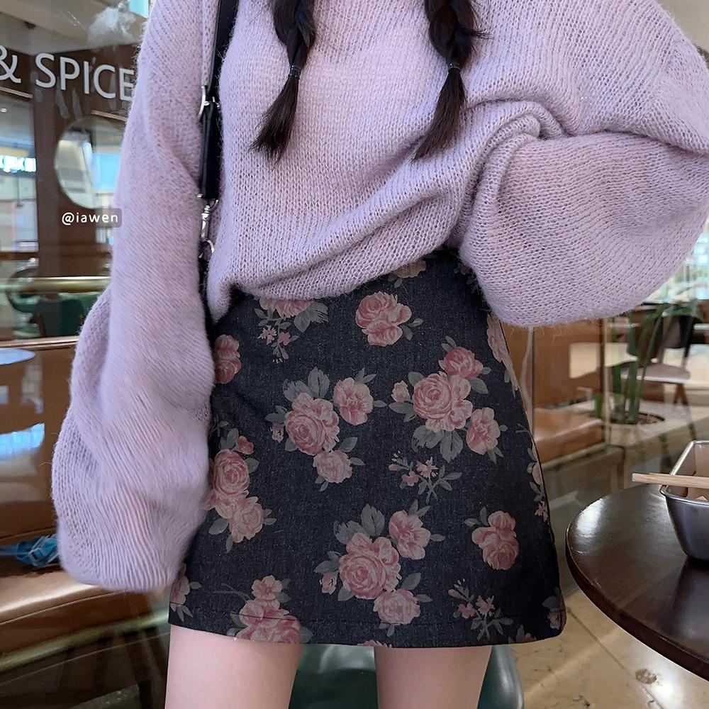 大码半身裙女秋冬2025款玫瑰印花包臂a字裙胖mm显瘦时尚洋气短裙