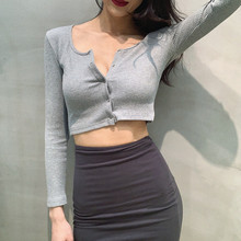 大圆领小性感短款 打底衫 开衫 LIVIA螺纹纽扣T恤女欧美纯色长袖 修身