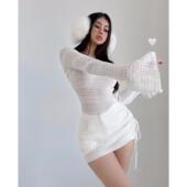 liviahome 慵懒收腰上衣 女露肩设计感抽绳修身 喇叭袖 镂空针织罩衫