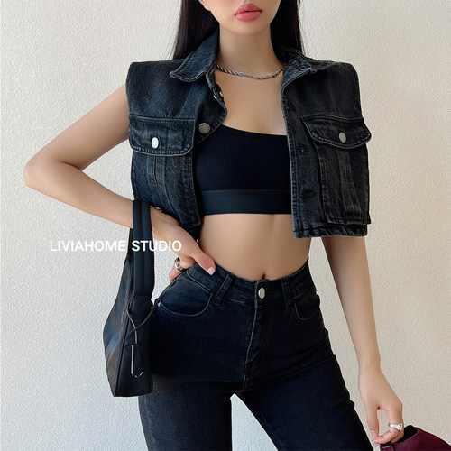 美式复古翻领牛仔马甲女