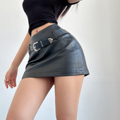 liviahome街头复古辣妹腰带包臀皮裙女机能风超短裙A字半身裙秋冬