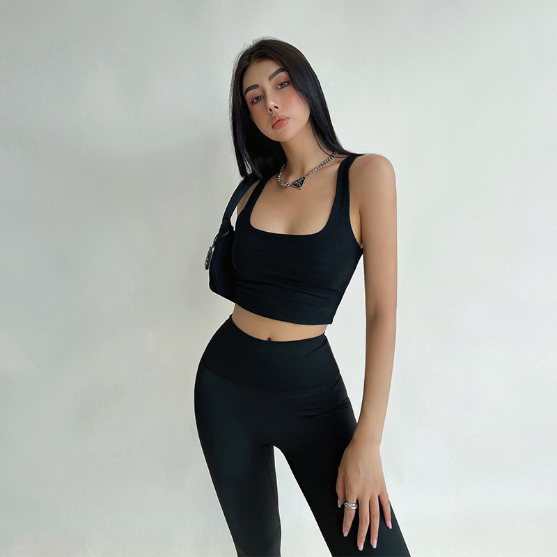 liviahome 欧美风基础款纯色双层方领运动背心女短款露脐吊带上衣