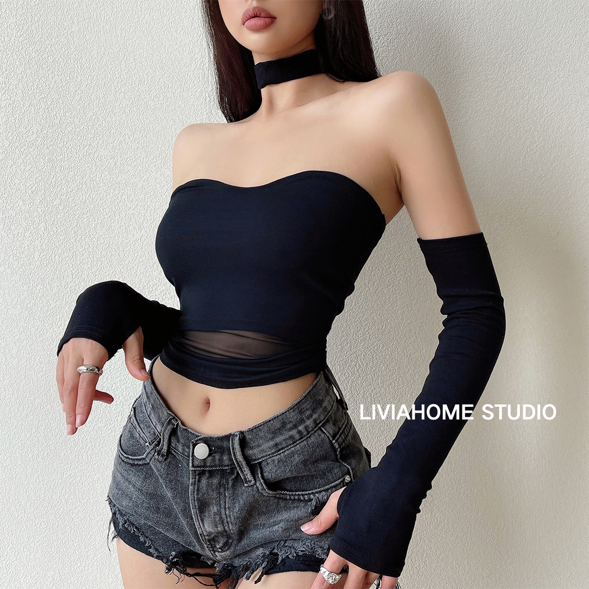 一字领紧身显瘦拼接抹胸3件套