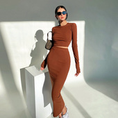 liviahome欧美性感辣妹紧身长袖 连衣裙女秋冬一步包臀长裙两件套