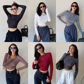 长袖 liviahome欧美辣妹紧身打底衫 上衣女秋冬高腰圆领内搭短款 T恤