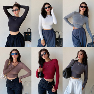 T恤 长袖 liviahome欧美辣妹紧身打底衫 上衣女秋冬高腰圆领内搭短款