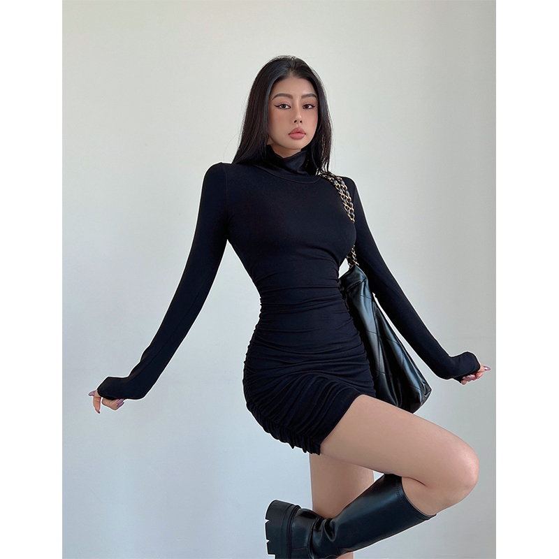 liviahome高领褶皱连衣裙