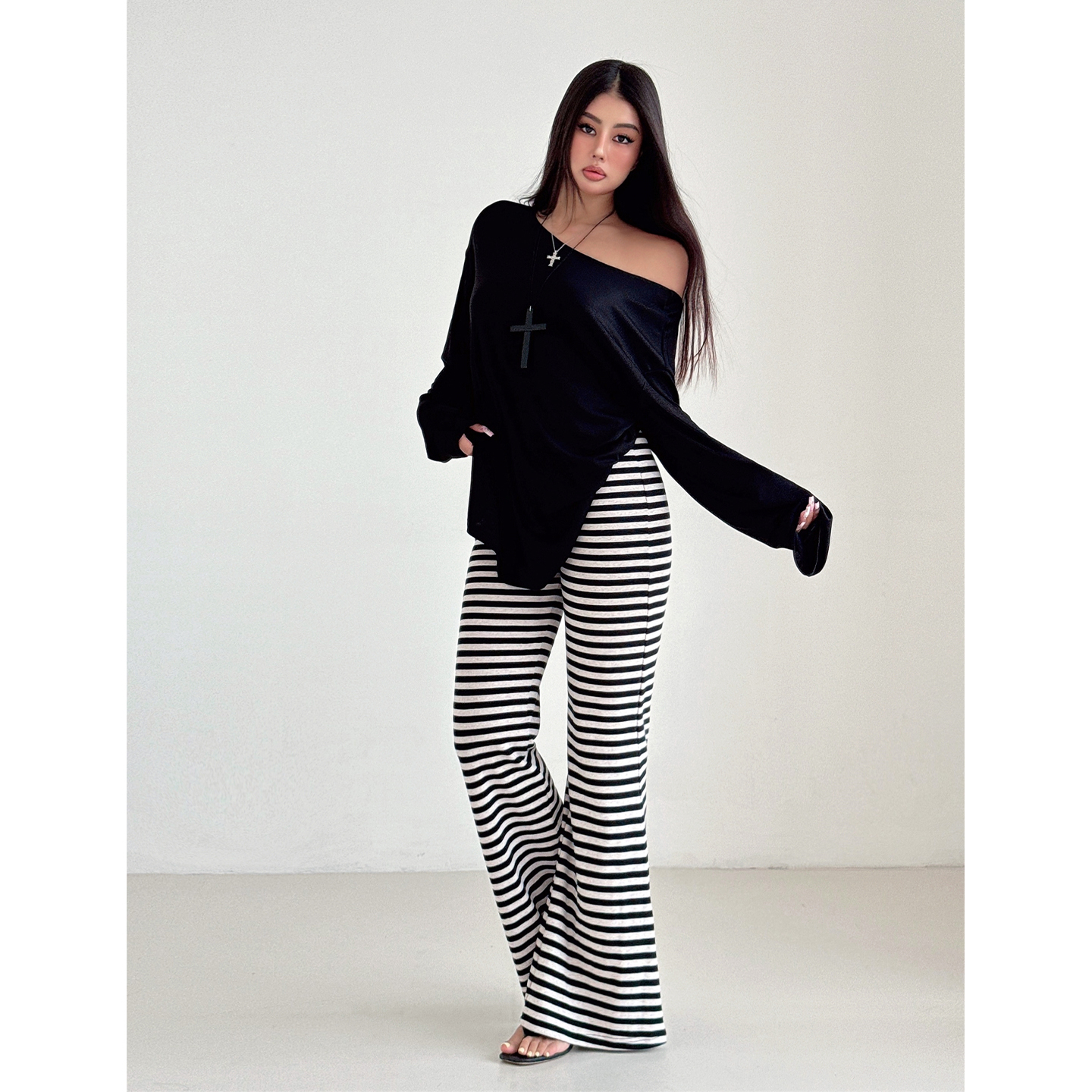 美式辣妹条纹阔腿微喇裤抽绳长裤