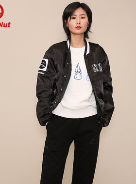 DEVIL NUT潮牌恶魔男女同款棉服复古棒球夹克流感外套-黑种子 AET
