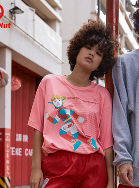 DEVIL NUT潮牌 情侣款男女同款 机器人复古短袖套头T恤 AOL SET