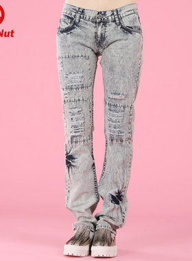 DEVIL NUT潮牌 恶魔 低腰 洗白浅色 补丁破洞 女式 牛仔裤 STW