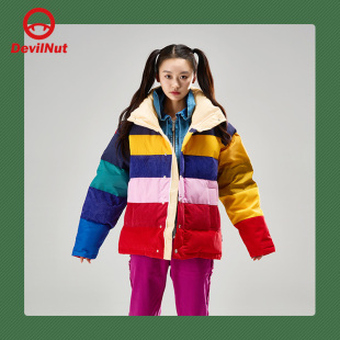 DEVIL ATO NUT潮牌恶魔秋冬情侣无性别立领撞色拼接面包短羽绒服