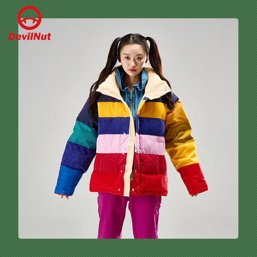 DEVIL NUT潮牌恶魔秋冬情侣无性别立领撞色拼接面包短羽绒服  ATO