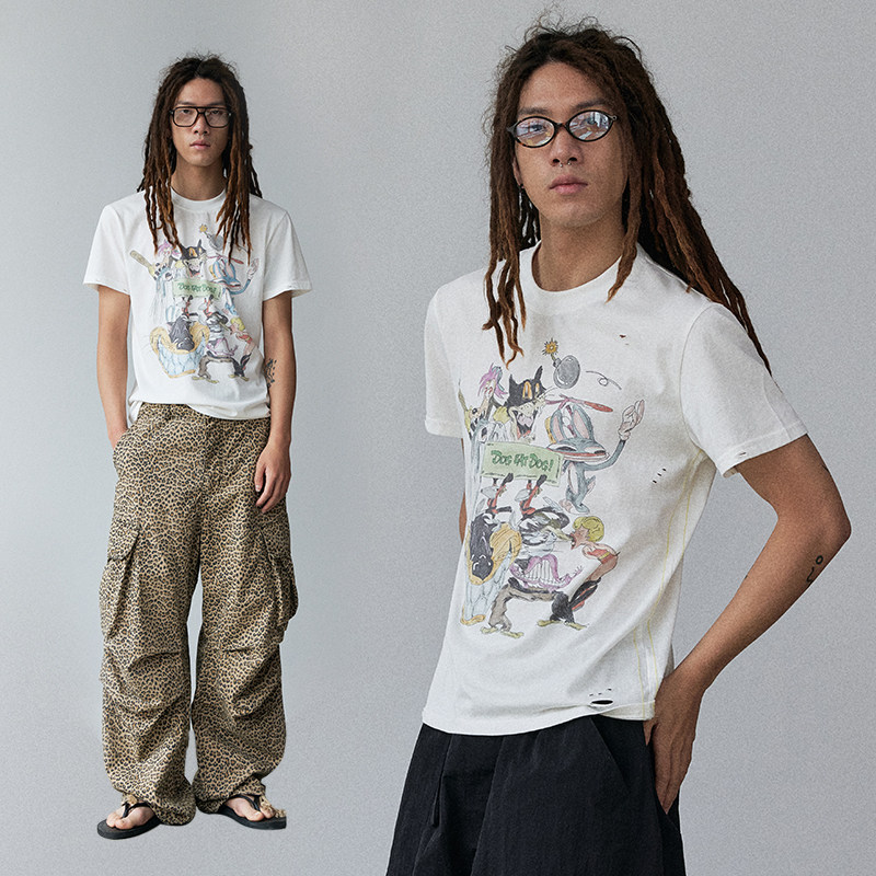 年九一口贰 &rdquo;Dog eat dog&ldquo;手绘印花破洞轻薄短袖女t恤2026新款