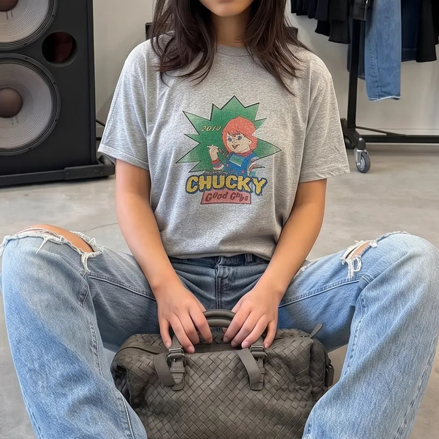 年九一口贰 鬼娃恰奇插画美式复古做旧印花短袖T恤轻柔古着感