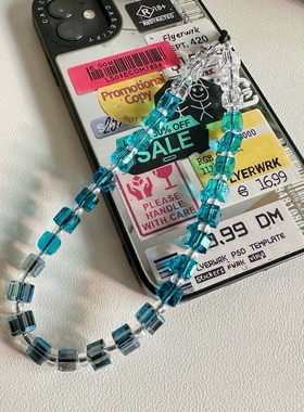 MLGM渐变蓝色方糖水晶手机壳链挂件高质感CCB挂绳 适用所有手机壳