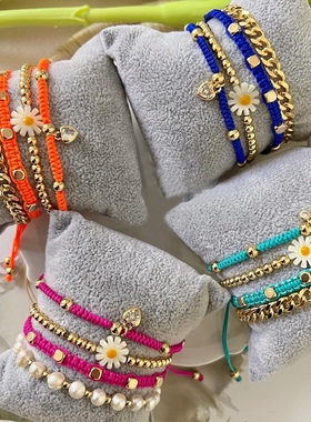 MLGM小众民族风天然珍珠串珠手绳女生个性多层叠戴雏菊镶钻手饰品