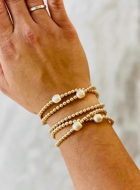 小众欧美饰品ins风简约串珠金色弹力手串个性百搭天然珍珠手链女