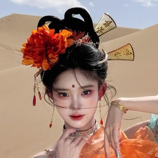 异域风沙漠敦煌飞天头饰唐代簪花仕女图发簪流苏步摇古装汉服牡丹