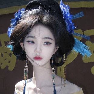 蓝色清冷感汉服古风发簪战国袍头饰发冠额链发饰钗长流苏步摇饰品