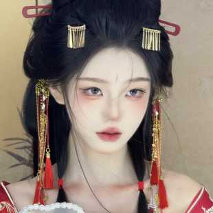 新款古装汉服古风发簪战国袍头饰发冠额链发饰钗红长流苏步摇饰品