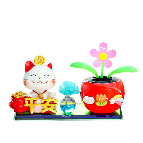卡通摇头招财猫平安幸运猫太阳花香水香薰车载摆件车内中控台装饰