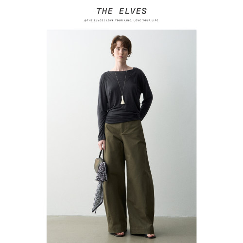 THE ELVES中高腰侧缝前移分割设计显瘦休闲阔腿裤弯刀裤香蕉裤U13