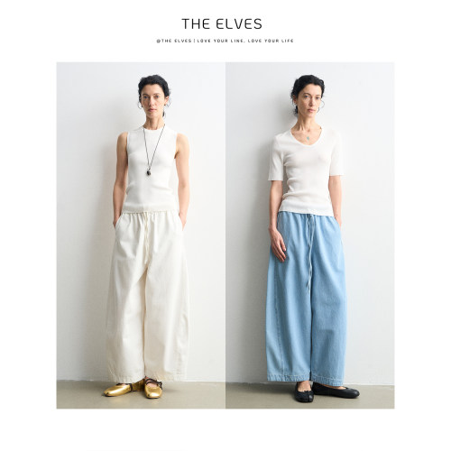 THE ELVES 莱赛尔汉麻松紧腰气球裤 松弛茧型九分阔腿牛仔裤A60