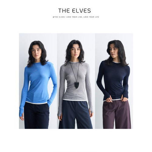 THE ELVES 祼感莱赛尔羊毛长袖T恤薄款圆领针织衫打底衫上衣女T53