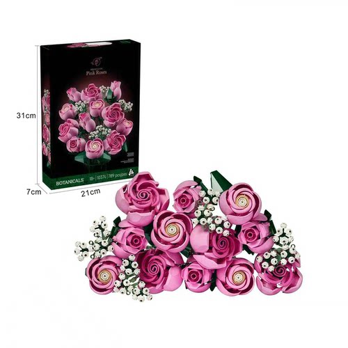 10374粉色玫瑰花永生花束积木