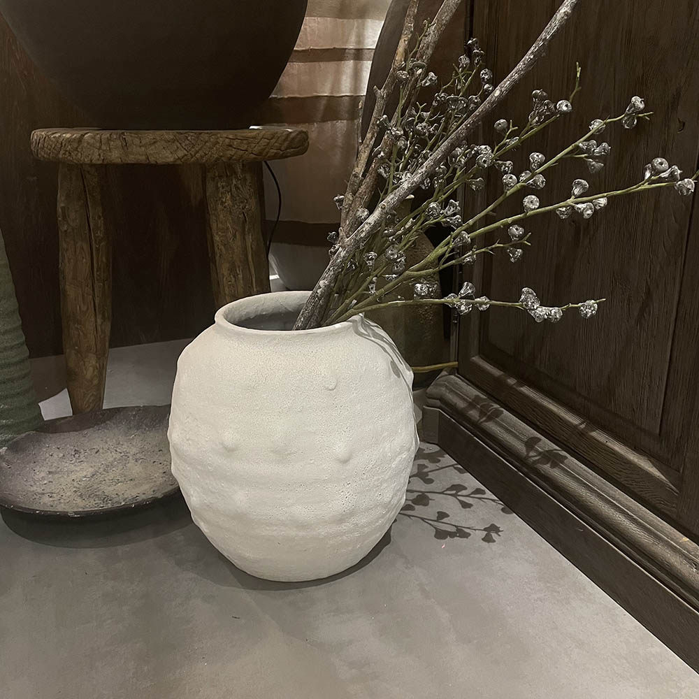 现代简约陶艺插花瓶白色复古圆形粗陶罐客厅玄关样板间组合摆件