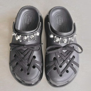 野象鞋带适用卡骆驰洞洞鞋crocs配饰男高级感扁平鞋绳黑色米鞋绳